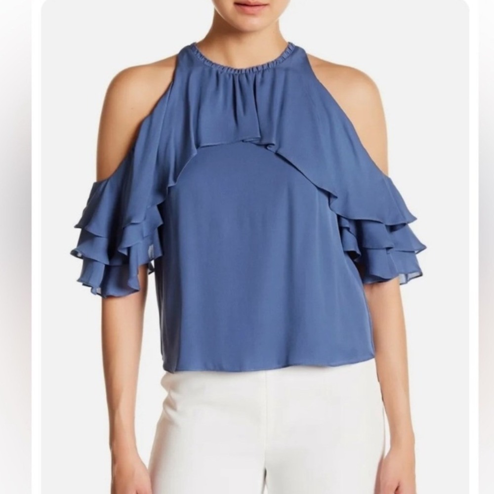 Alice + Olivia Idalla Blue Silk Cold Shoulder Ruffle Blouse Size Medium